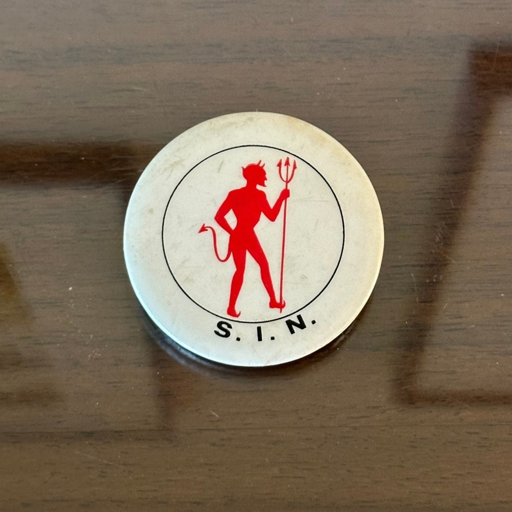 Vintage SIN Devil Pin Red Devil Pitchfork Graphic Retro Collectible Button 2''
